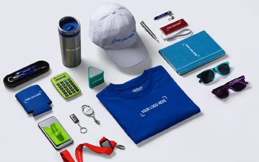 Customised apparel and promotional merchandise laid out together